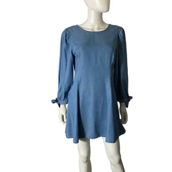 NWT Zara Chambray Mini Dress With Bow Sleeves Medium - Picture 1 of 5